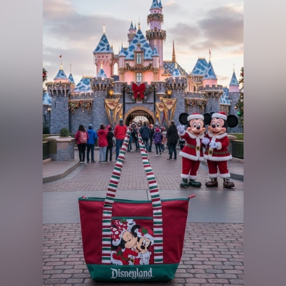 Disneyland Santa Mickey Minnie Mouse Christmas Red Canvas Tote Holiday Bag.